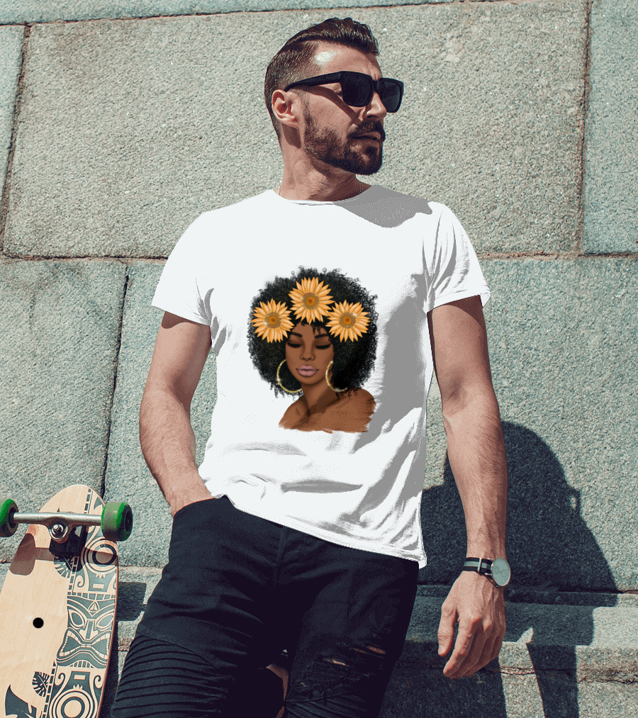 Afro Woman With Sunflowers And Hoop Earrings T-Shirt