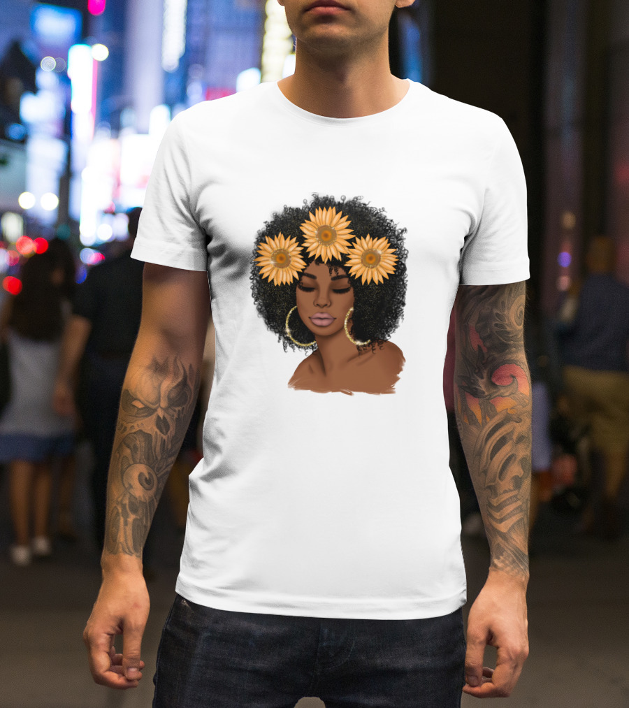 Afro Woman With Sunflowers And Hoop Earrings T-Shirt