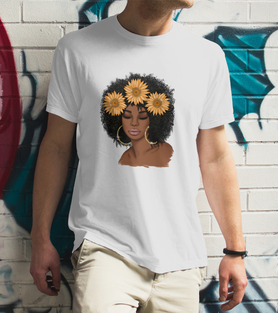 Afro Woman With Sunflowers And Hoop Earrings T-Shirt