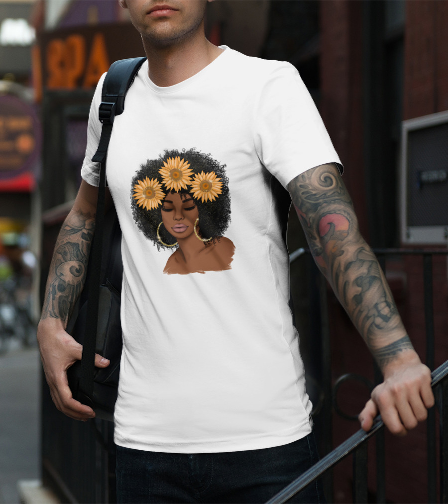 Afro Woman With Sunflowers And Hoop Earrings T-Shirt