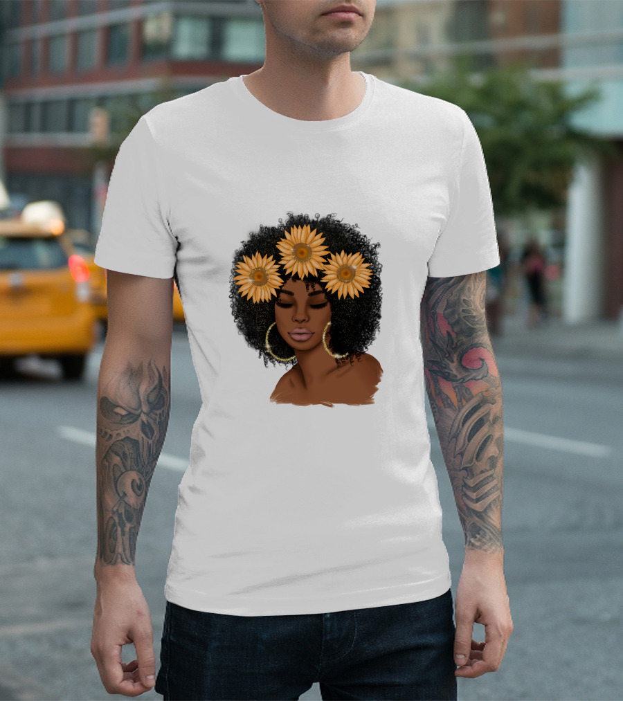 Afro Woman With Sunflowers And Hoop Earrings T-Shirt