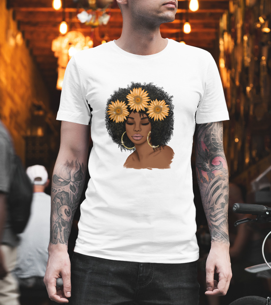 Afro Woman With Sunflowers And Hoop Earrings T-Shirt