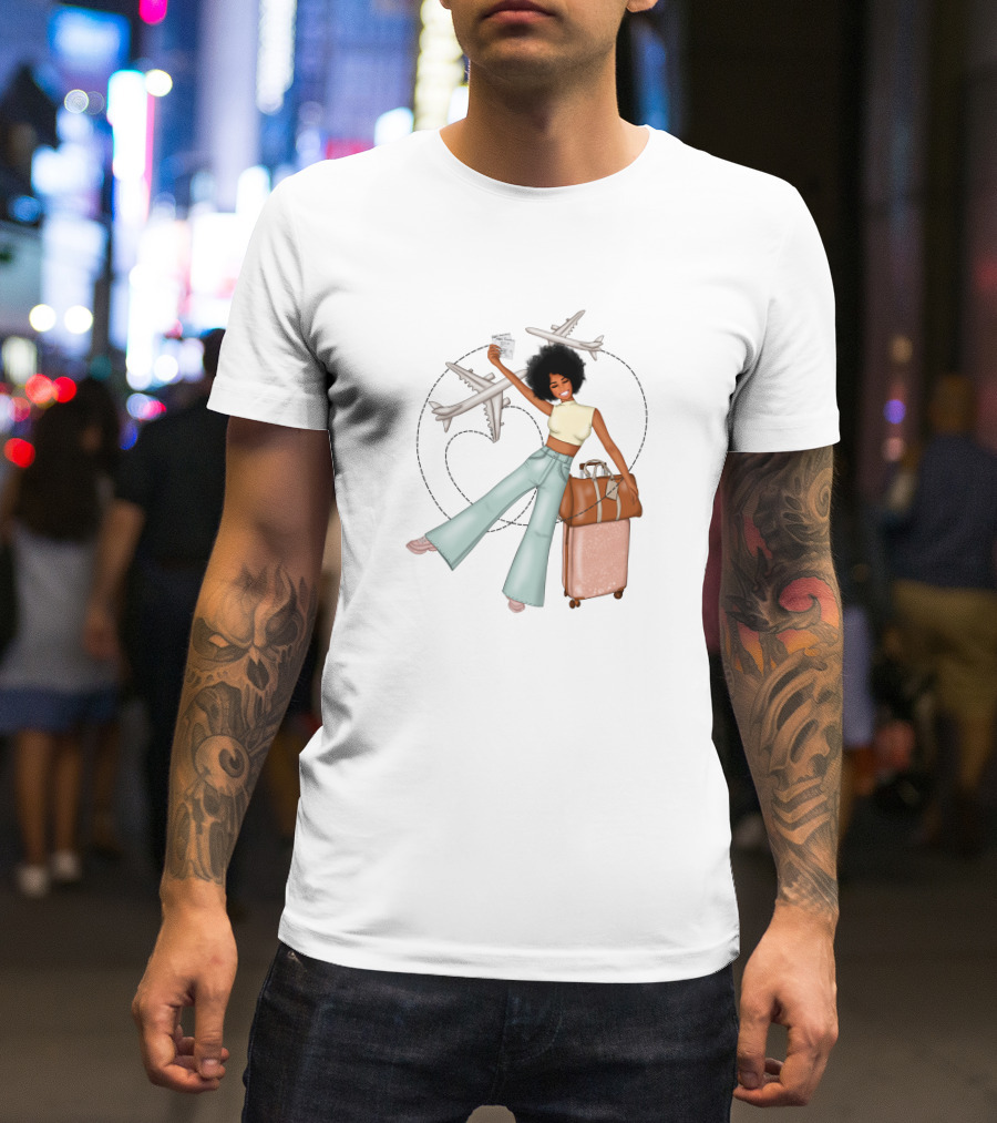 Traveling African American Girl With Suitcase And Airplanes T-Shirt