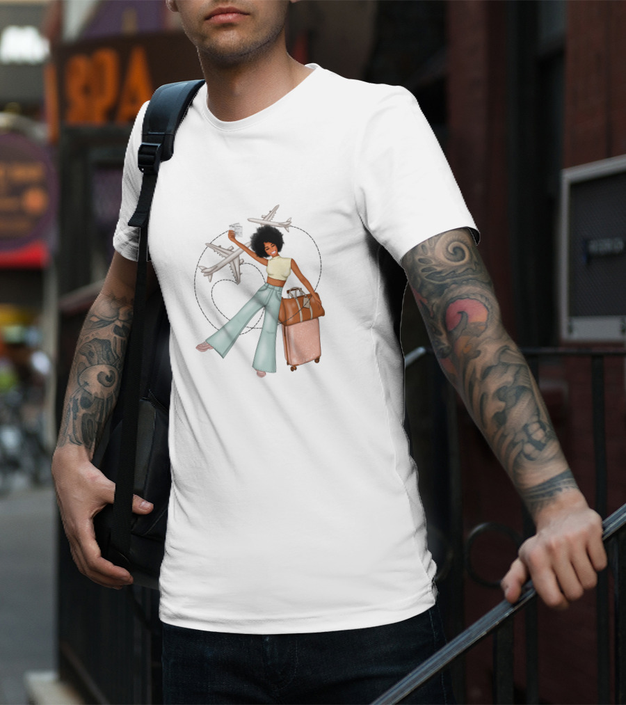 Traveling African American Girl With Suitcase And Airplanes T-Shirt