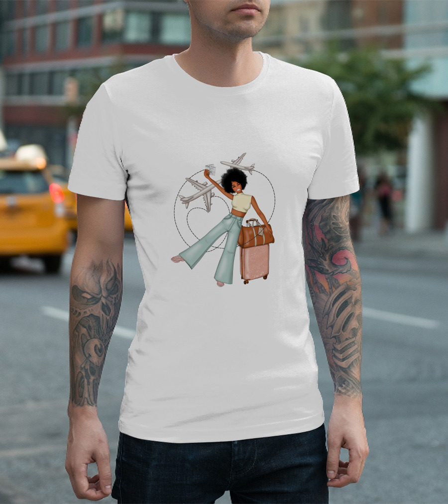 Traveling African American Girl With Suitcase And Airplanes T-Shirt