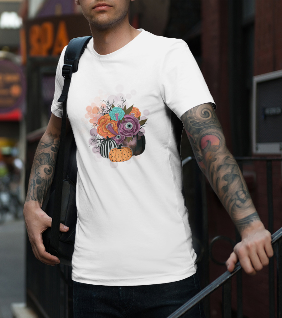 Whimsical Halloween Pumpkin Floral Arrangement With Eyeball Flowers T-Shirt