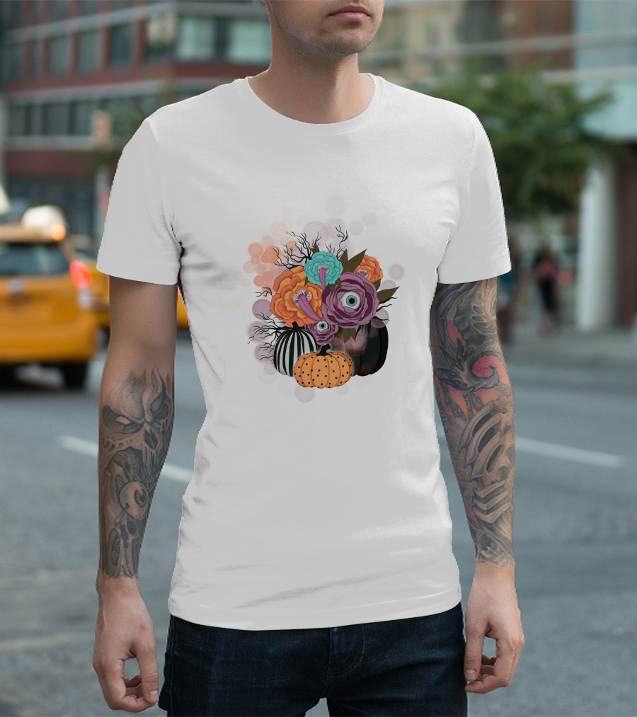 Whimsical Halloween Pumpkin Floral Arrangement With Eyeball Flowers T-Shirt