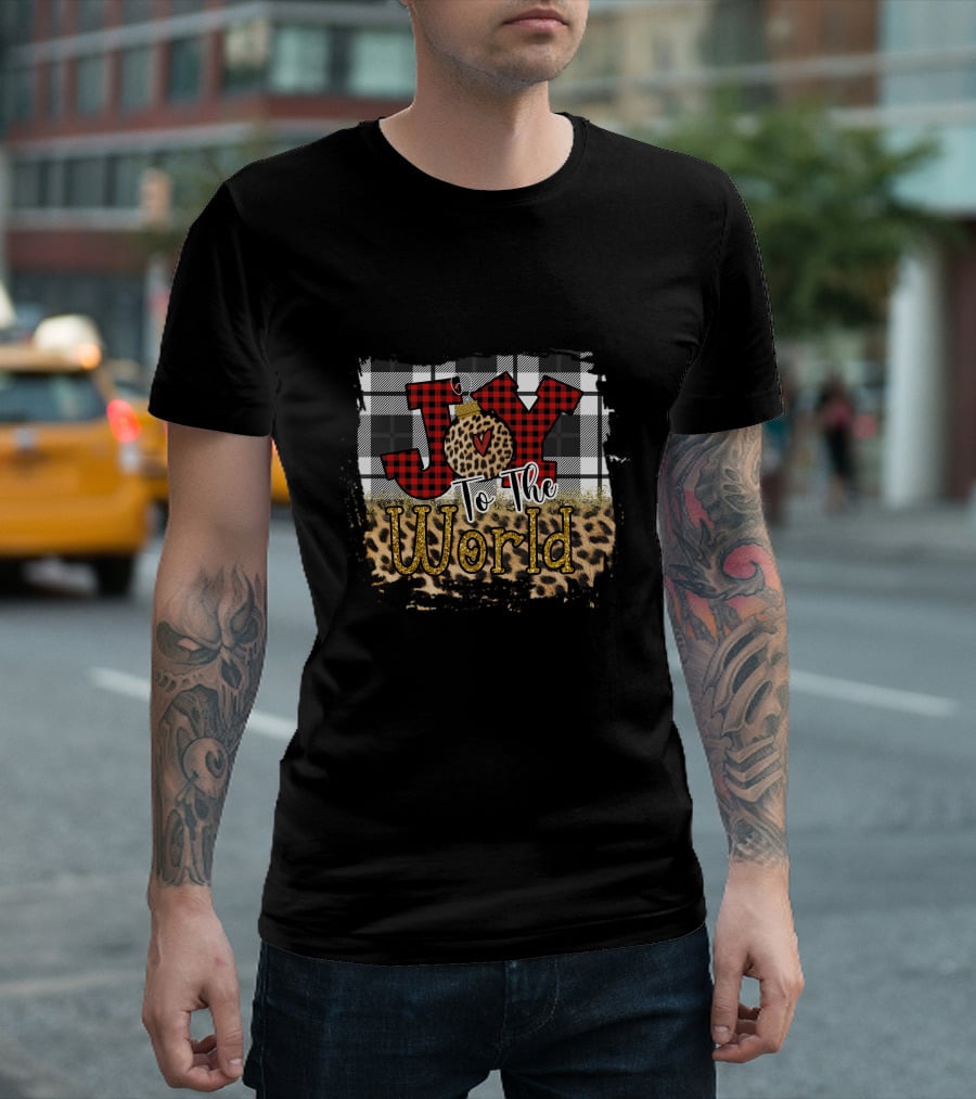 Joy To The World Buffalo Plaid Leopard Christmas T-Shirt