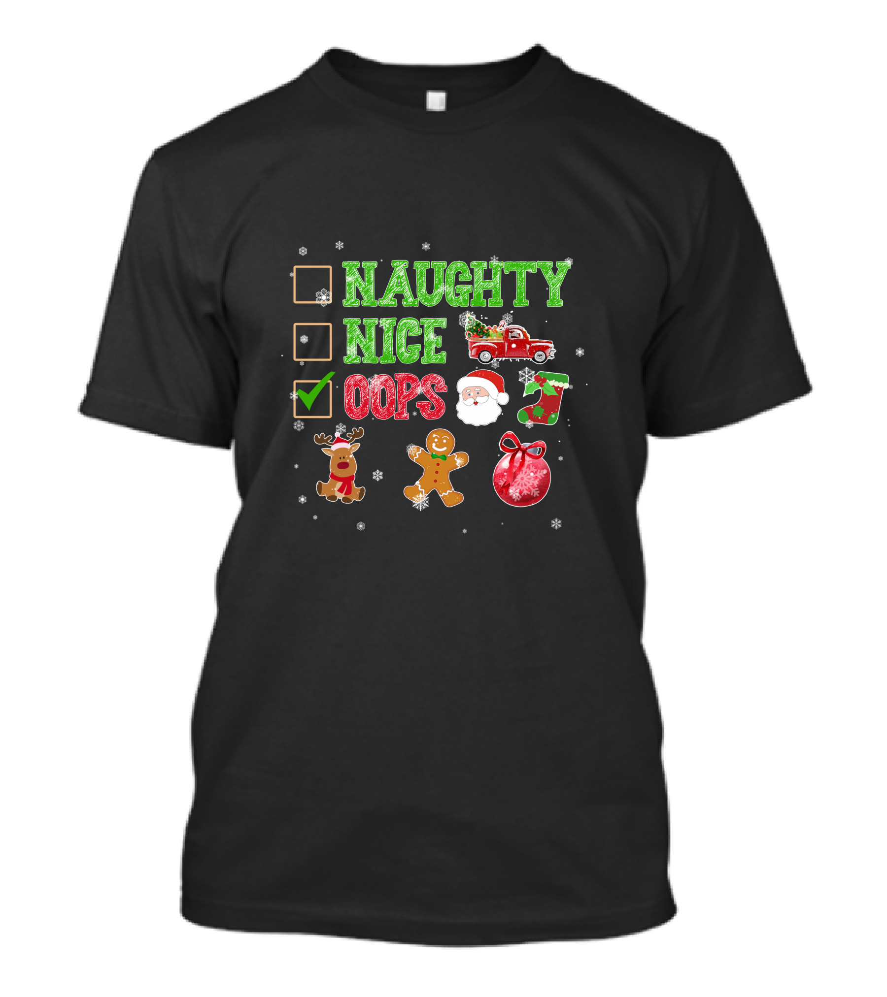 Naughty Nice Oops List Christmas Icons Santa Red Truck Gingerbread Sun Snowflakes T-Shirt