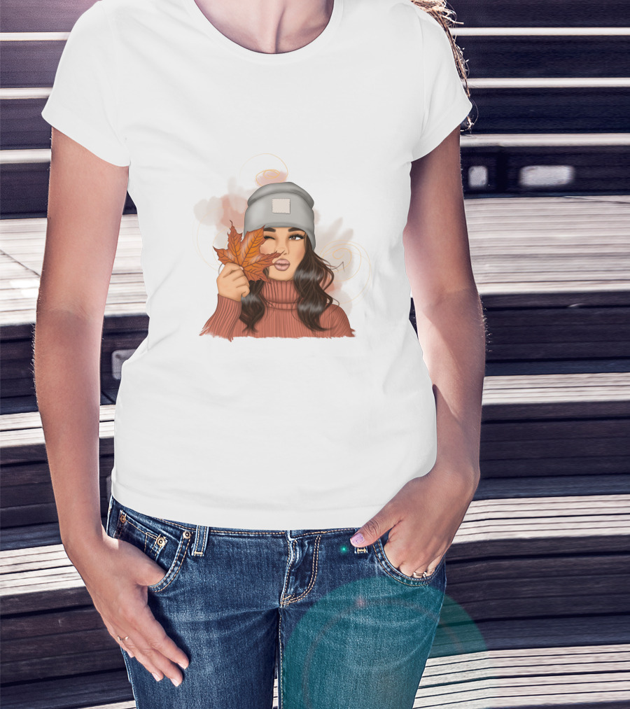 Autumn Girl Cozy Sweater And Beanie With Leaves T-Shirt