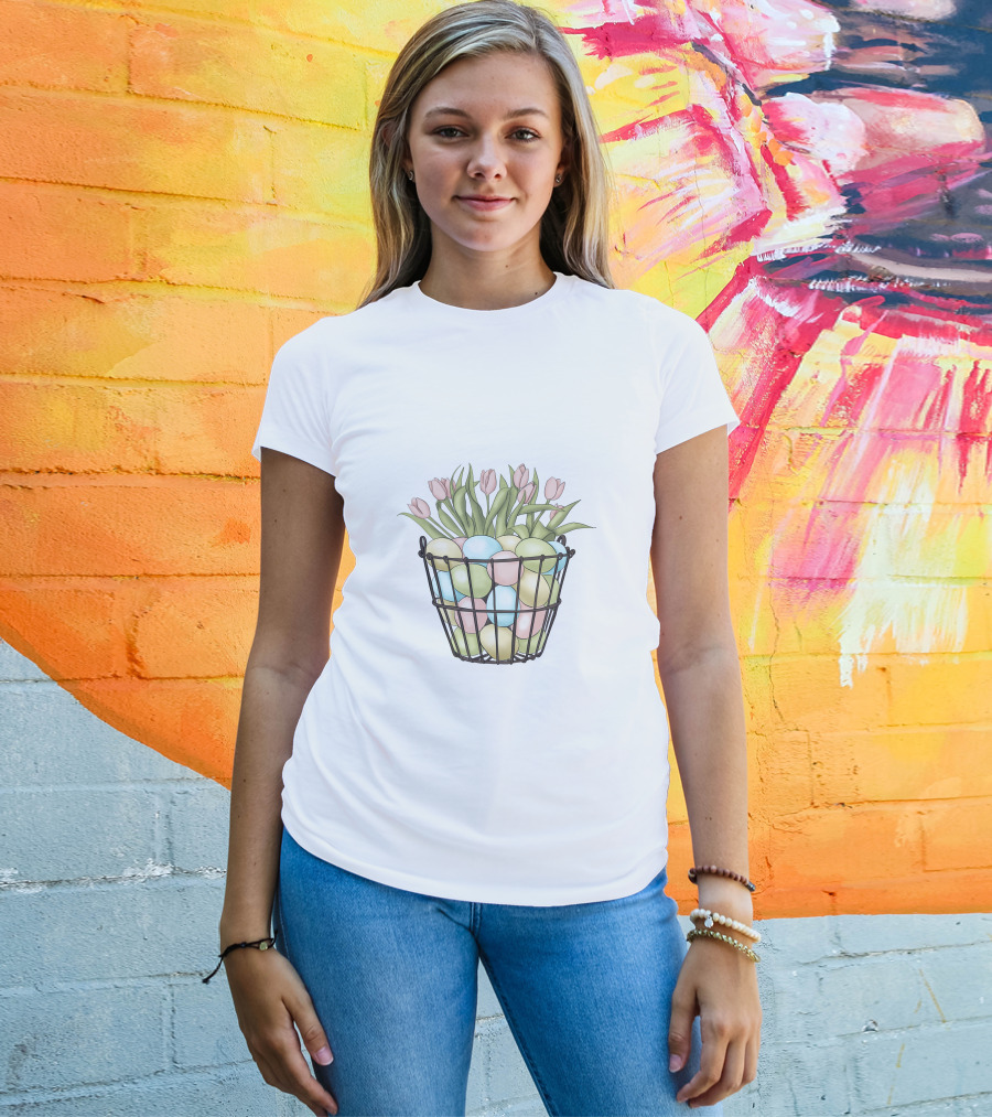 Easter Eggs And Tulips In Basket T-Shirt