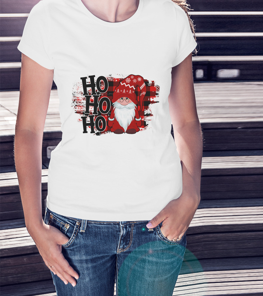 Ho Ho Ho Gnome Christmas Plaid Santa T-Shirt
