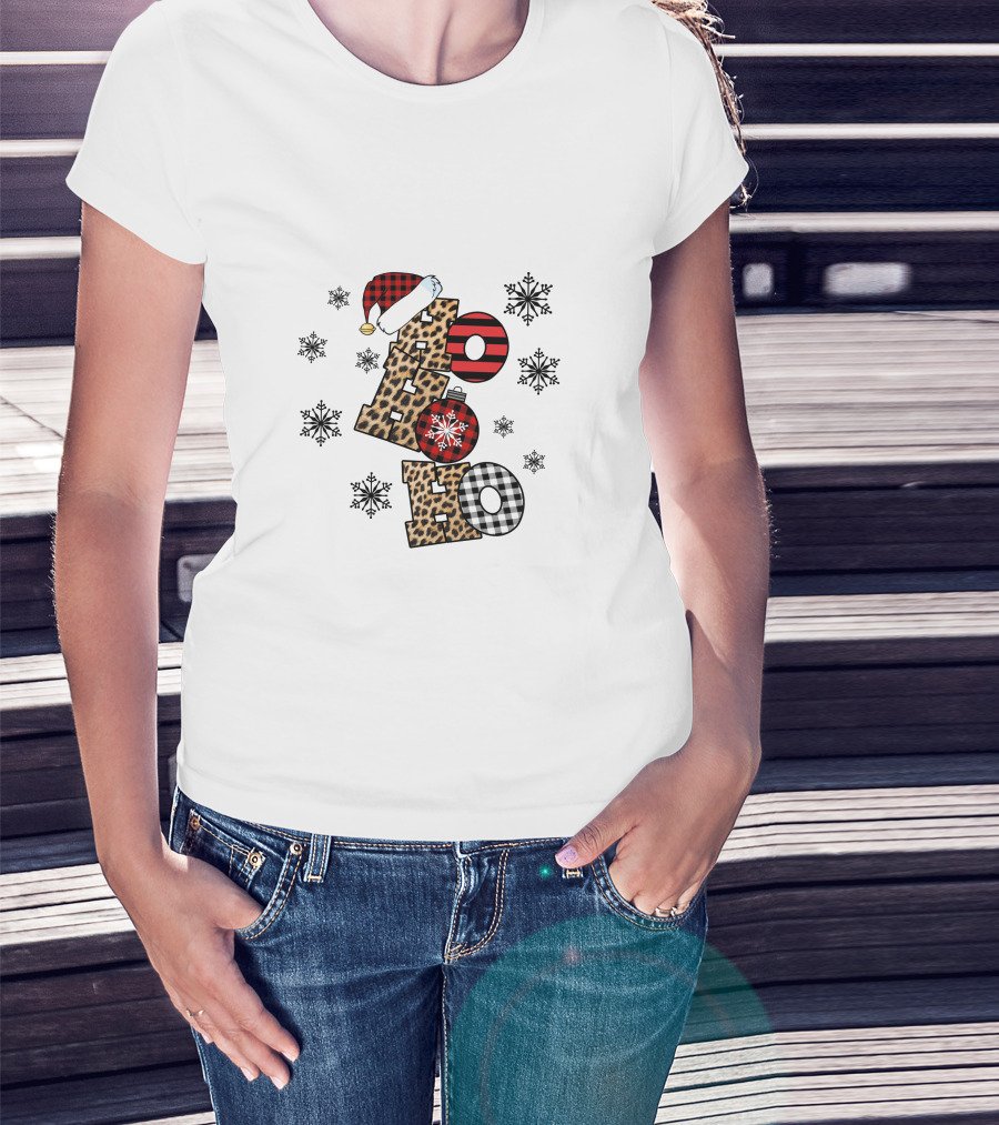 Ho Ho Ho Christmas Leopard Print Santa Snowflakes T-Shirt