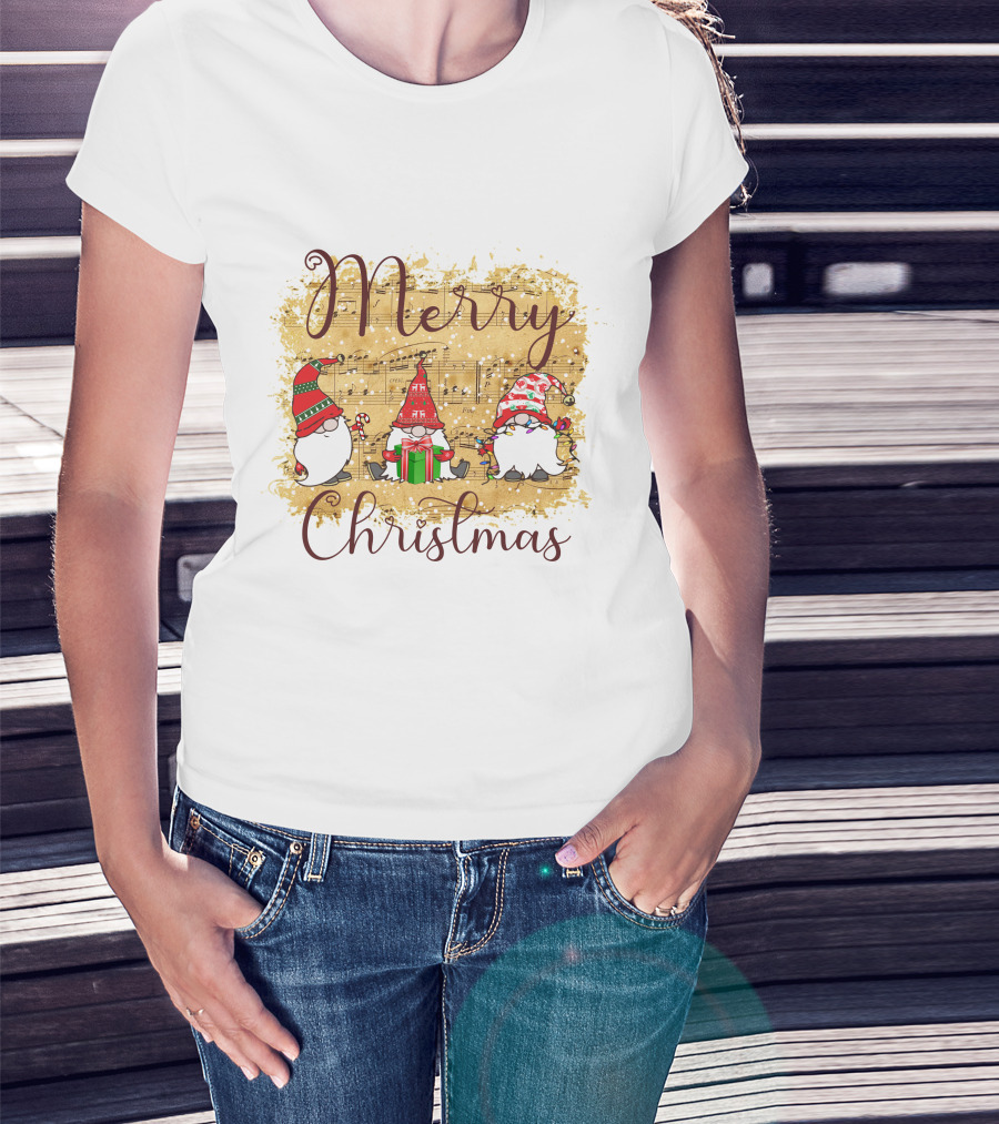 Merry Christmas Gnomies Holiday Music Sheet And Festive Gnomes T-Shirt