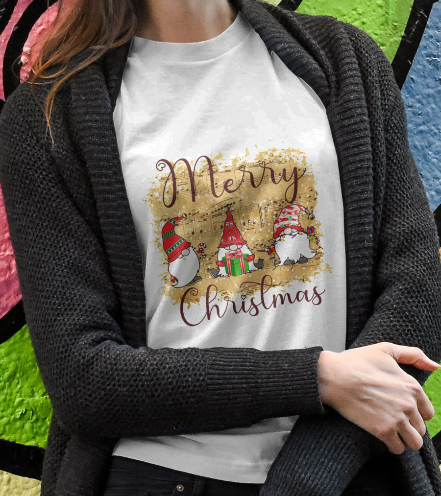 Merry Christmas Gnomies Holiday Music Sheet And Festive Gnomes T-Shirt