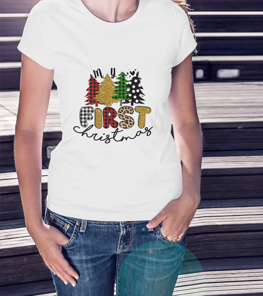 My First Christmas Plaid Glitter Trees Mixed T-Shirt