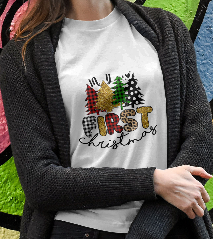 My First Christmas Plaid Glitter Trees Mixed T-Shirt