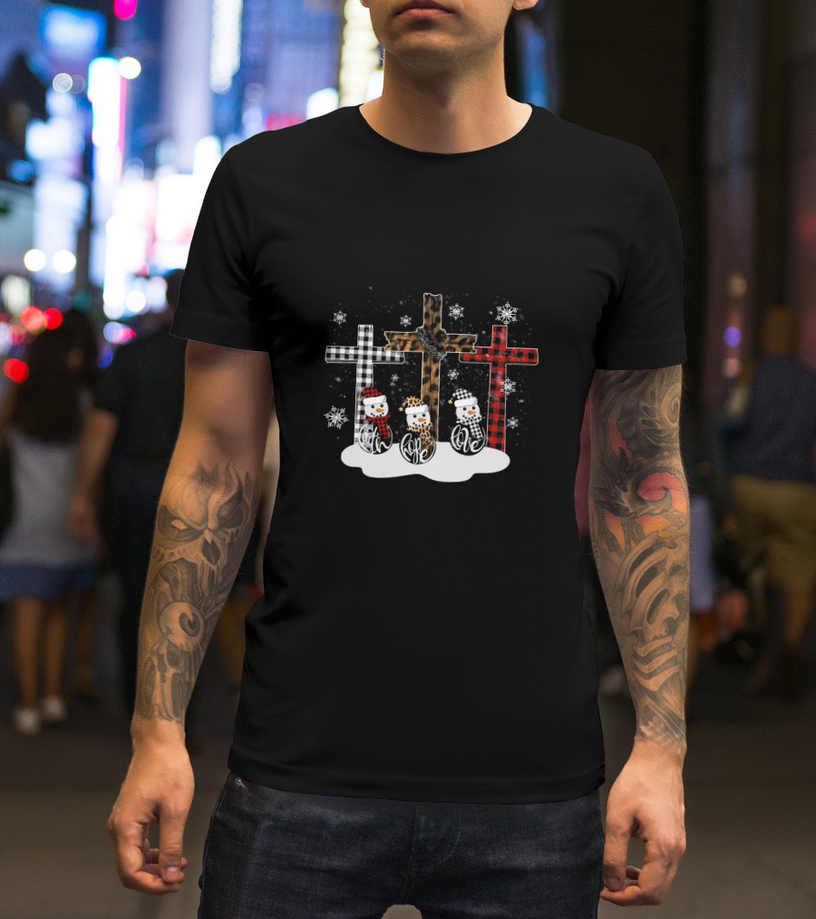 Leopard Plaid Snowman Faith Love Winter Crosses T-Shirt