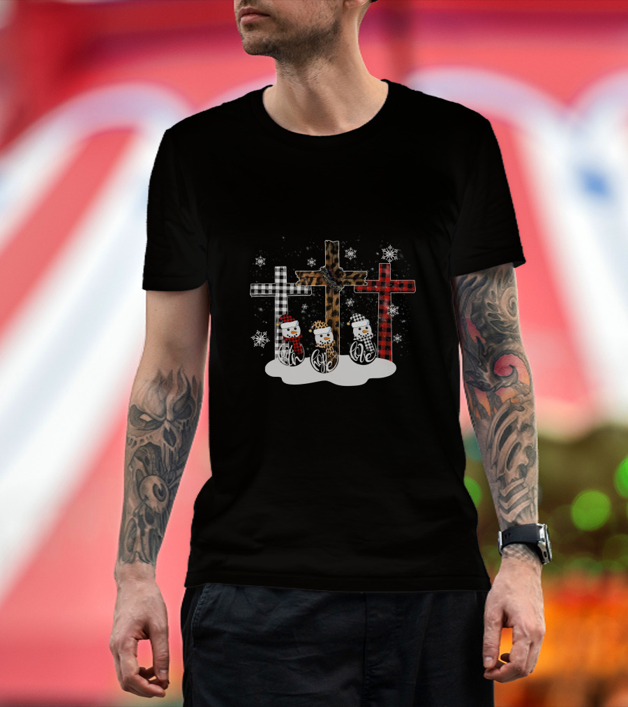 Leopard Plaid Snowman Faith Love Winter Crosses T-Shirt