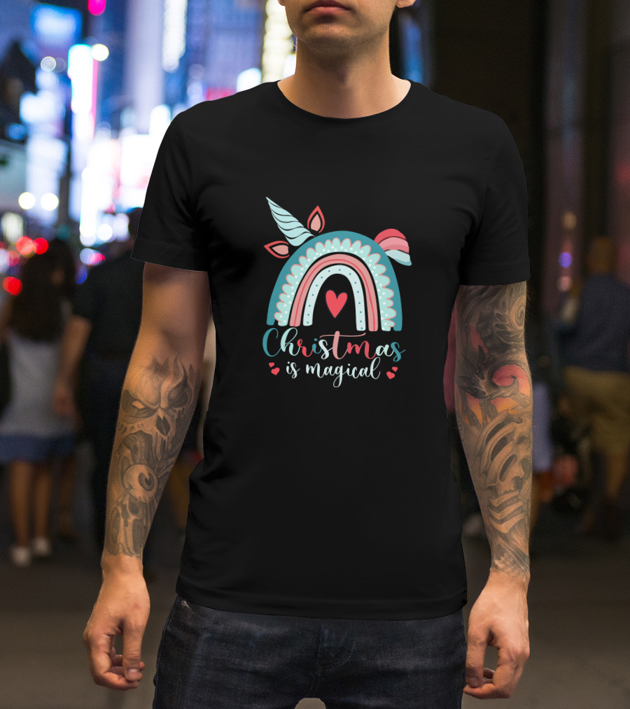 Christmas Is Magical Unicorn Rainbow Heart T-Shirt