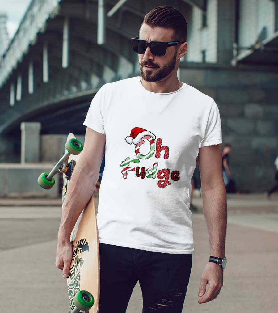 Oh Fudge Christmas Santa Hat Candy Cane Festive Lettering T-Shirt