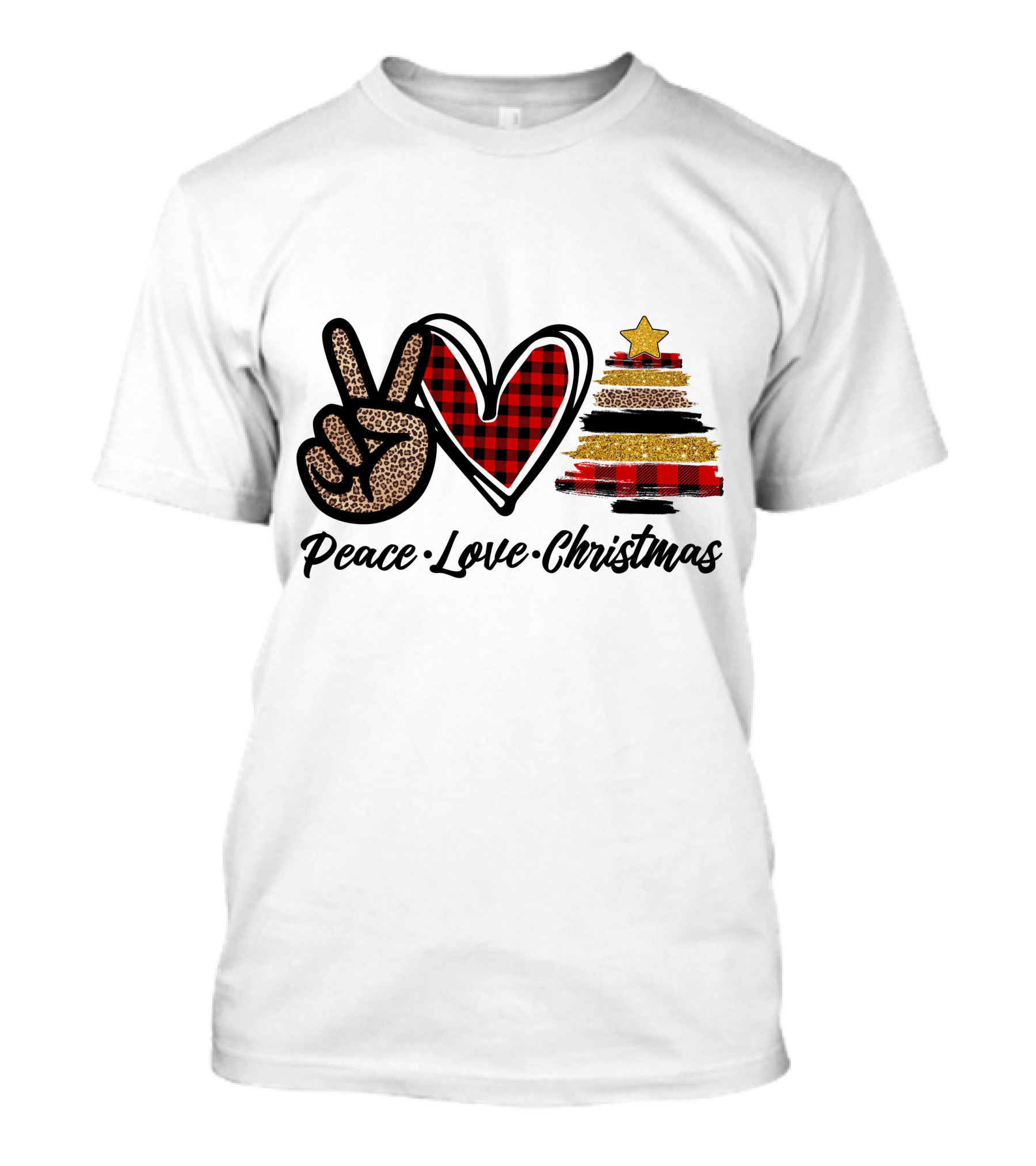 Peace Love Christmas Leopard Plaid Tree Star T-Shirt