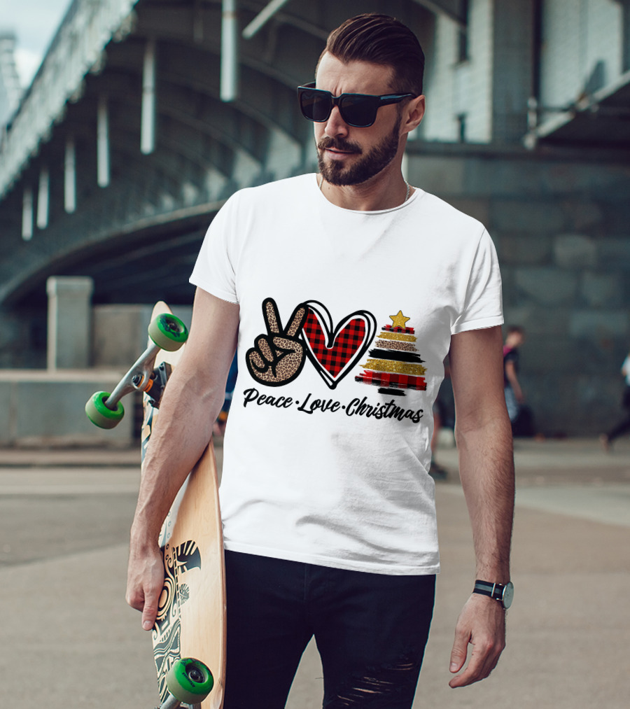 Peace Love Christmas Leopard Plaid Tree Star T-Shirt