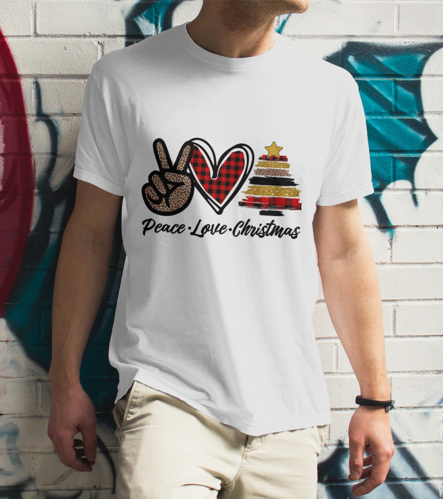 Peace Love Christmas Leopard Plaid Tree Star T-Shirt
