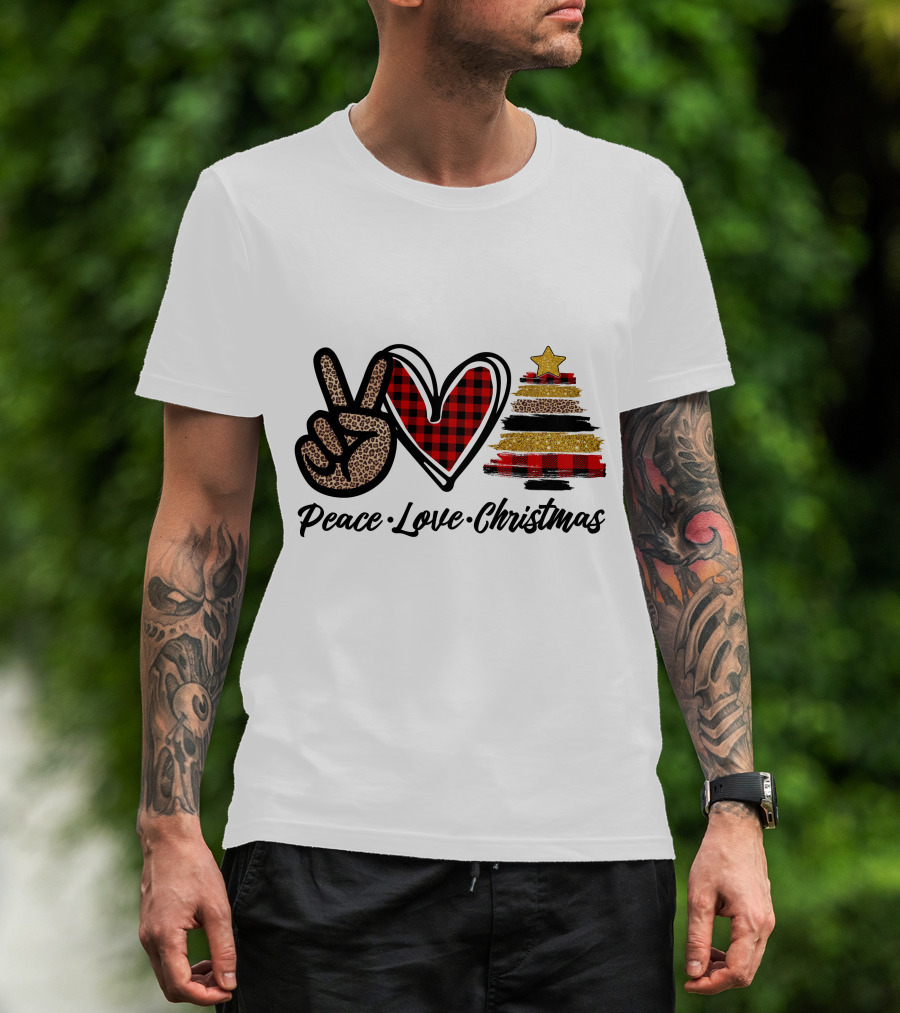 Peace Love Christmas Leopard Plaid Tree Star T-Shirt