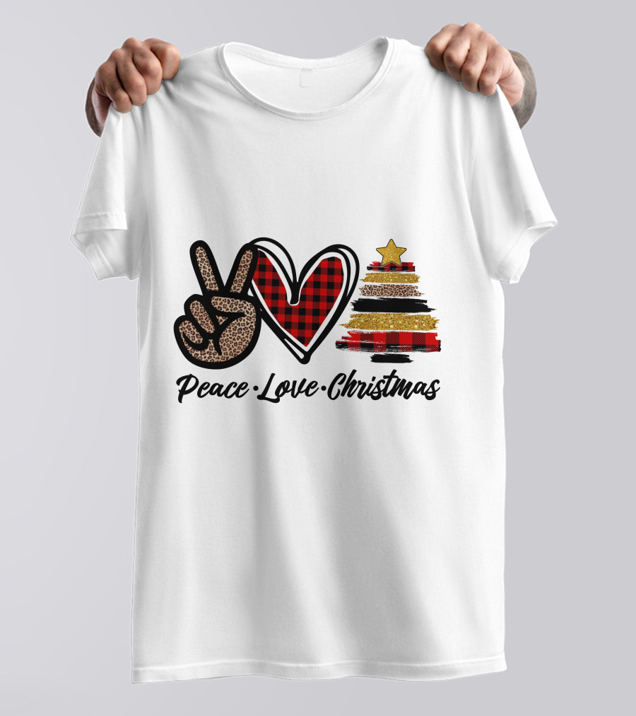 Peace Love Christmas Leopard Plaid Tree Star T-Shirt