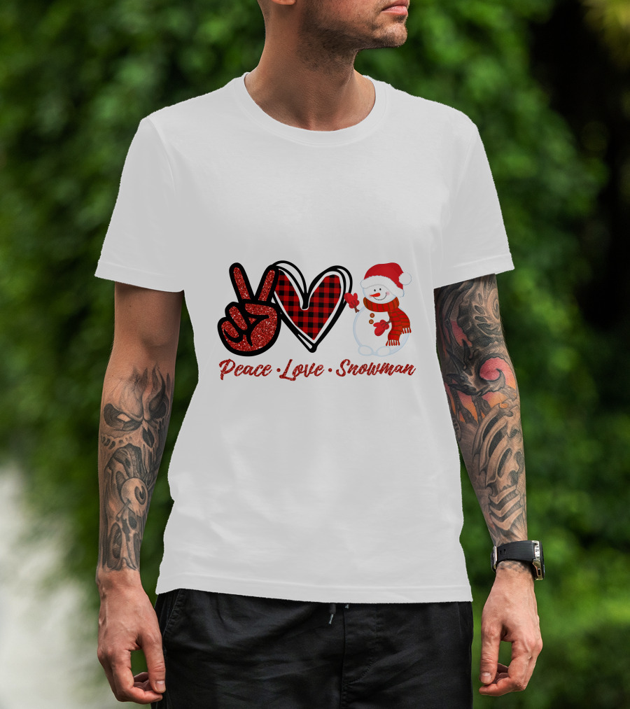 Peace Love Snowman Plaid Heart Glitter Peace Sign T-Shirt