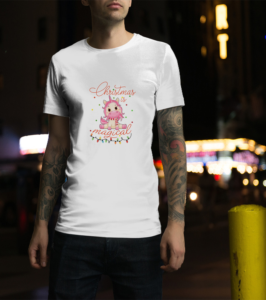 Christmas Is Magical Unicorn With Festive Lights And Stars T-Shirt