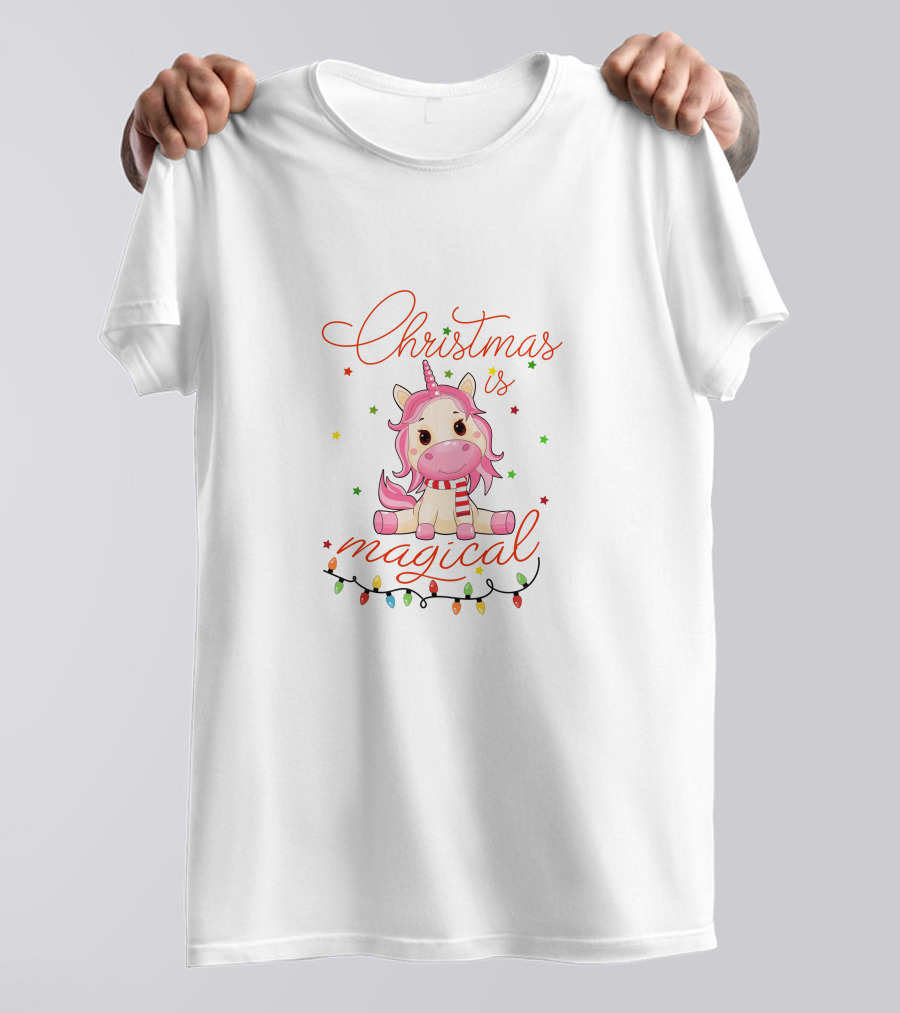 Christmas Is Magical Unicorn With Festive Lights And Stars T-Shirt