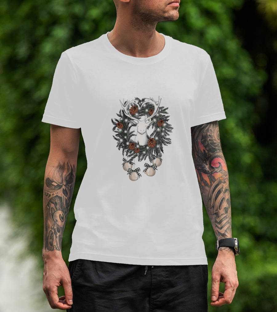 Christmas Wreath With Deer And Pine Cones T-Shirt