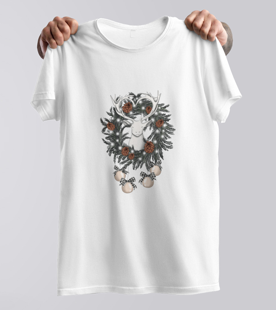 Christmas Wreath With Deer And Pine Cones T-Shirt