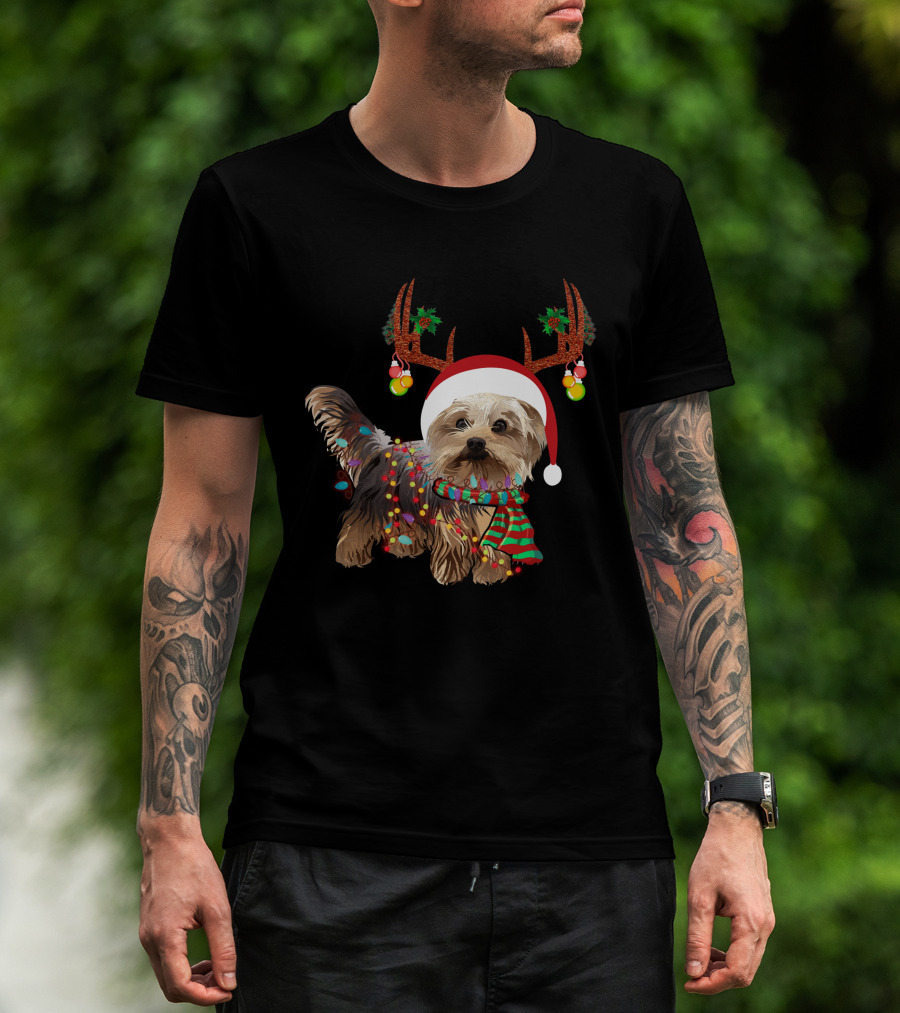 Christmas Cute Dog With Santa Hat And Reindeer Antlers T-Shirt