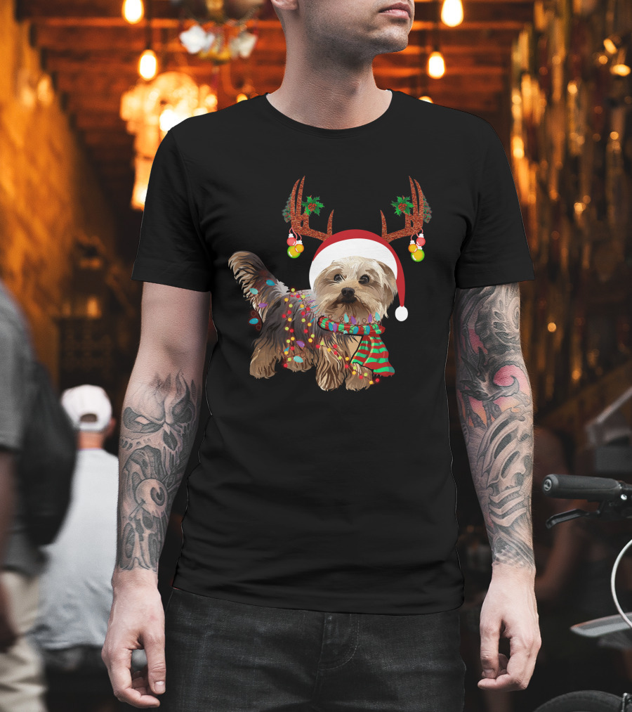 Christmas Cute Dog With Santa Hat And Reindeer Antlers T-Shirt