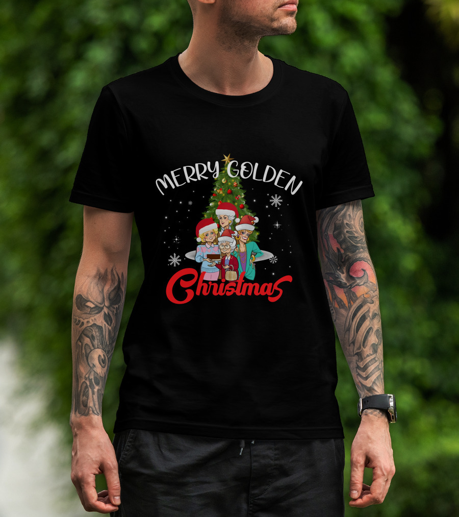 Merry Golden Christmas Golden Girls Santa Hats Christmas Tree Snowflakes T-Shirt