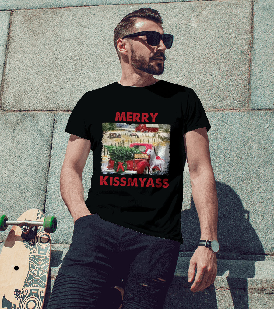 Merry Kissmyass Vintage Truck Christmas Scene With Horse In Snowy Farm Landscape T-Shirt