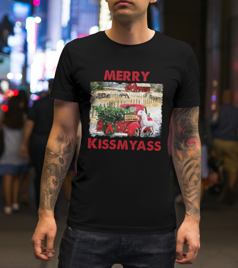 Merry Kissmyass Vintage Truck Christmas Scene With Horse In Snowy Farm Landscape T-Shirt