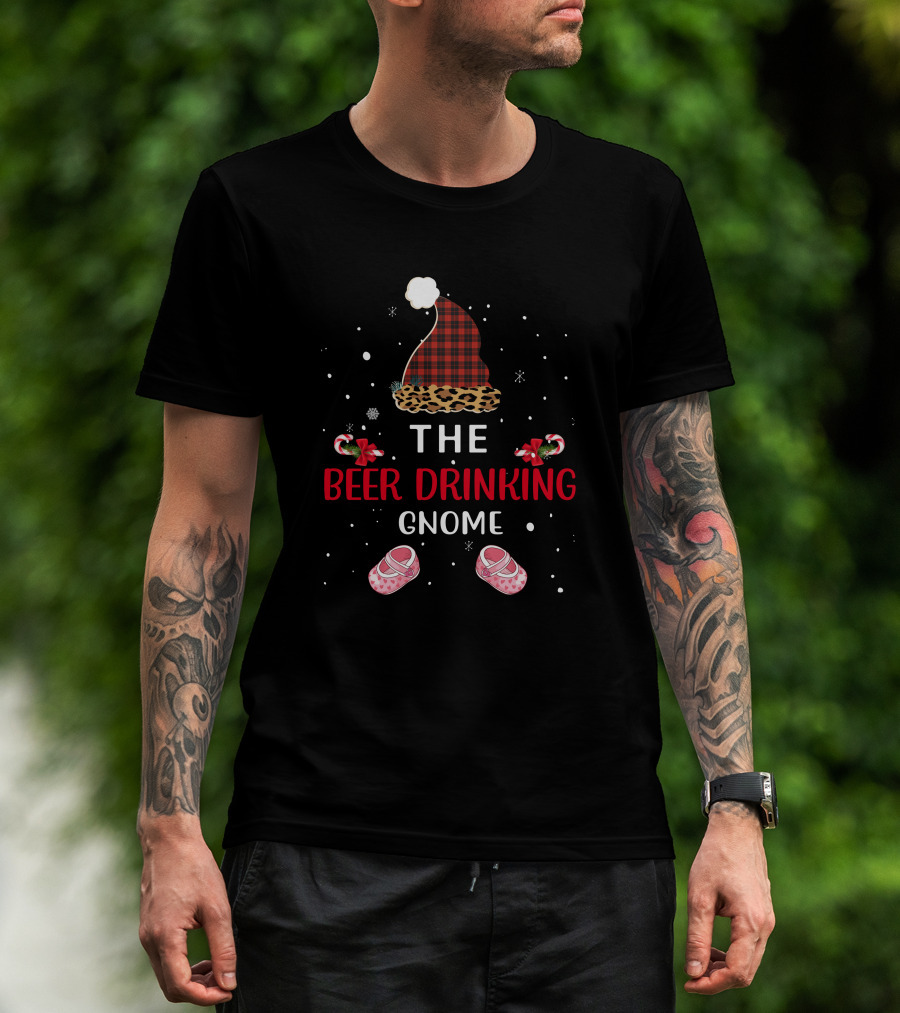 The Beer Drinking Gnome Christmas Hat Snow Candy Cane Shoes T-Shirt