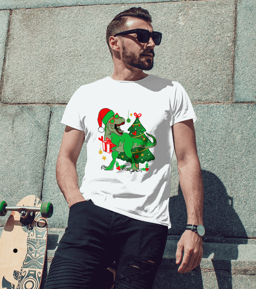 Christmas Dinosaur Santa With Tree And Gift T-Shirt