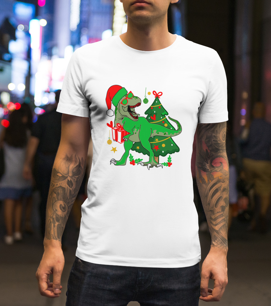 Christmas Dinosaur Santa With Tree And Gift T-Shirt