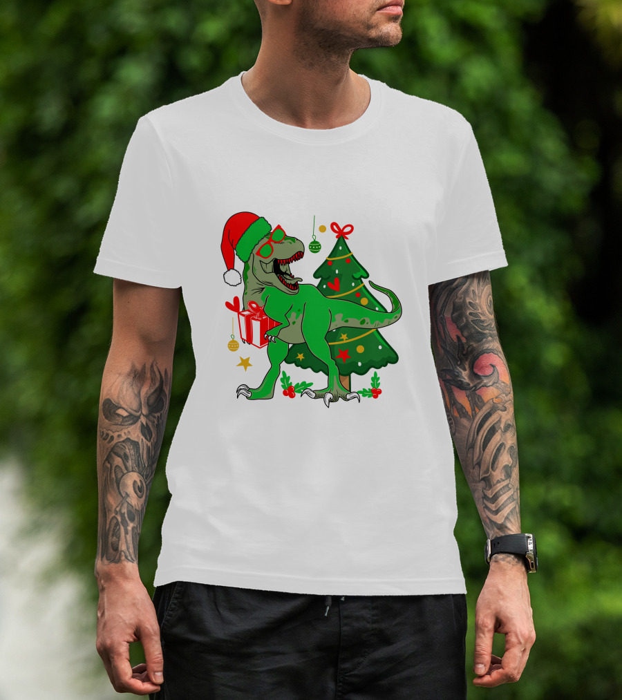Christmas Dinosaur Santa With Tree And Gift T-Shirt