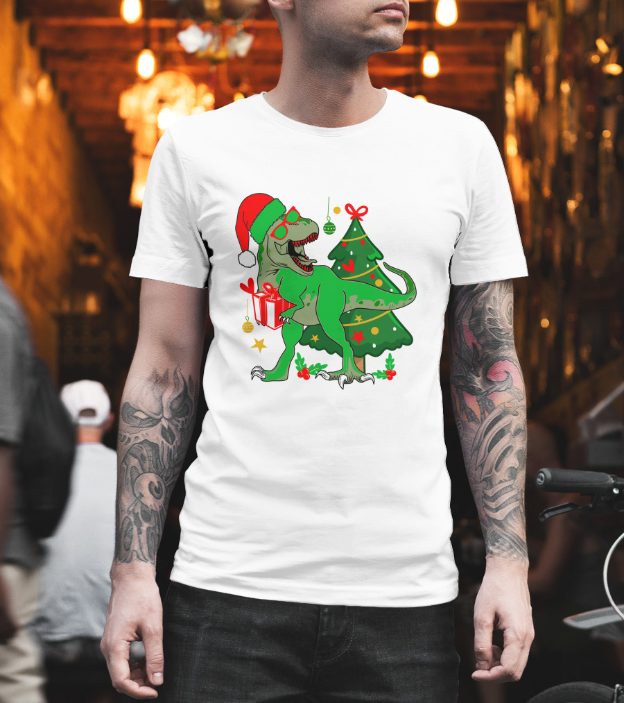 Christmas Dinosaur Santa With Tree And Gift T-Shirt