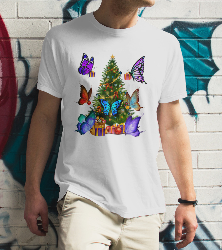 Butterfly Christmas Tree With Colorful Presents And Butterflies T-Shirt