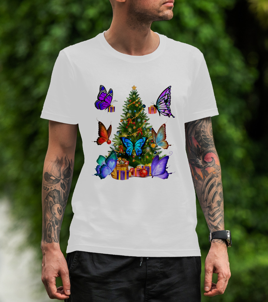 Butterfly Christmas Tree With Colorful Presents And Butterflies T-Shirt