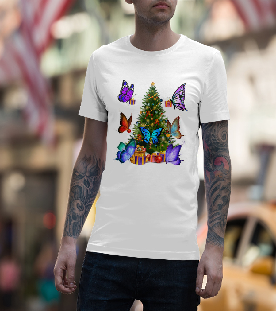 Butterfly Christmas Tree With Colorful Presents And Butterflies T-Shirt