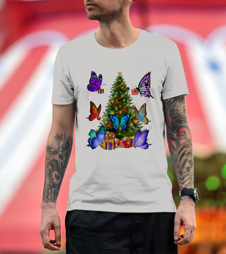Butterfly Christmas Tree With Colorful Presents And Butterflies T-Shirt