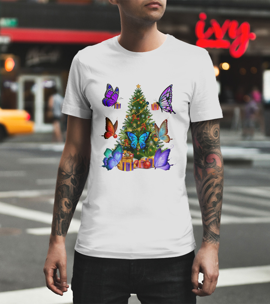 Butterfly Christmas Tree With Colorful Presents And Butterflies T-Shirt